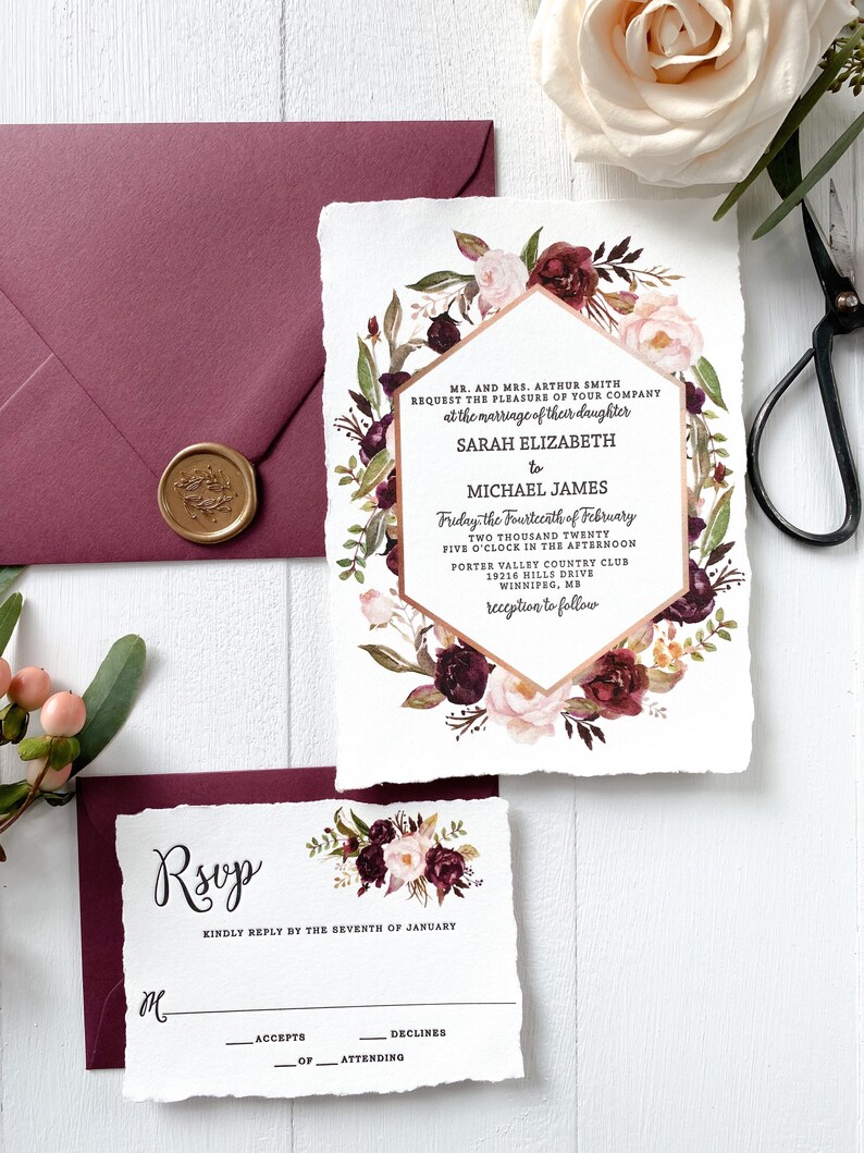 Marsala Floral Letterpress Wedding Invitation Set for Bohemian Wedding image 6