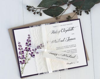 Elegant Lace Wedding Invitations, Lavender Wedding Invitation, Rustic Wedding Invitation,  Lilac, Lavender, Purple, Plum, Shabby Chic