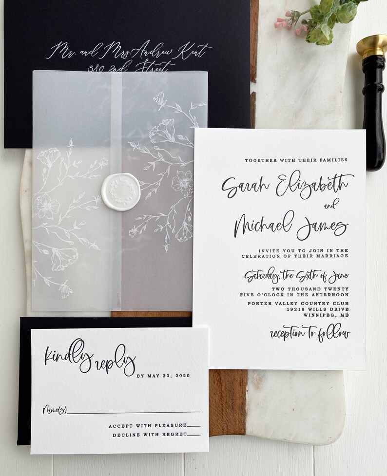 Vellum White Floral Modern Wedding Invitation Set, White Ink, letterpress Wedding Invitation, Luxury Wedding Invitation, Classic Wedding image 2