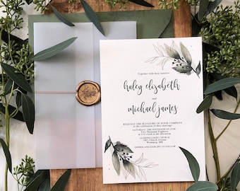 Modern Greenery Wedding Invitations Vellum, Botanical Wedding Invitations, Greenery and Gold Wedding Invitation Suite, Wax Seal