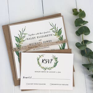 Rustic Greenery Wedding Invitation set Green Leaves image 2