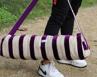 yoga mat bag, purple velvet embedded to cotton, yoga sac, zipper opening, pocket inside, shoulder strap, unisex pilates bag, yogi gift