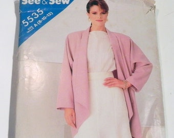 1980s Swing Jacket Shawl Collar Flared skirt  Loose fitting sewing pattern See and Sew 5535 Size 8 Bust 31.5"