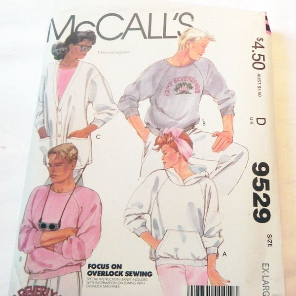 Raglan sleeve Cardigan sweatshirt hoodie hooded 1980s Camp Beverly Hills sewing pattern McCalls 9529 Plus Size XL Chest 44 46" UNCUT FF