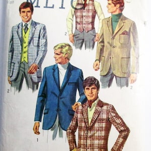 May include: Vintage Simplicity sewing pattern featuring illustrations of men's blazers and vests. The pattern includes a blue blazer, a plaid blazer, and a striped blazer. The pattern also includes the text "Simplicity" and the number "668".