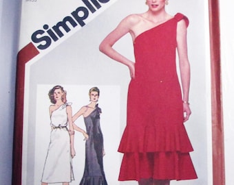 1980s One Cold Shoulder Evening Gown Cocktail Dress ruffled vintage sewing pattern Simplicity 9804 Size 10 Bust 32.5" UNCUT FF