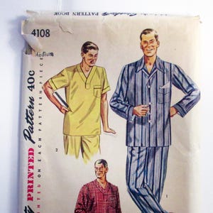 1950s Men&#39;s PJs pajamas nightshirt sleepwear Sleep pants shirt vintage sewing pattern Simplicity 4108 Chest Size 38 40 UNCUT FF