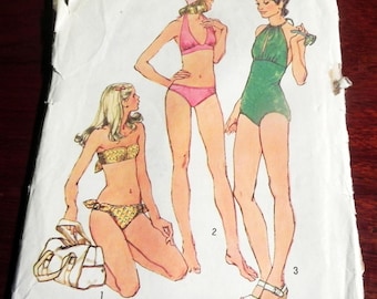 1970s Bathing suit swimsuit bikini one piece halter bra swimwear vintage sewing pattern Simplicity 5694 Size 12 Bust 34"