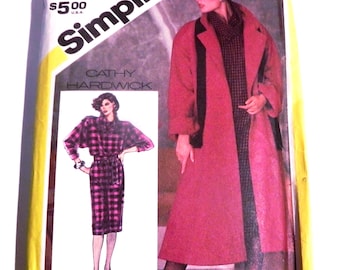 1980s Long Winter Coat Jacket Turtleneck pullover dress Cathy Hardwick vintage sewing pattern Simplicity 6572 Size 14 Bust 36" uncut ff