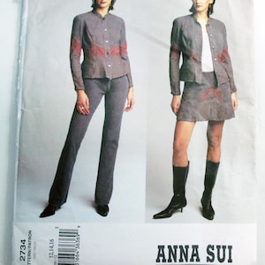 Anna Sui Mini Skirt Pants Jeans Jacket Boot cut American Designer sewing pattern Vogue 2734 Size 12 14 16 Bust 34 36 38" UNCUT FF
