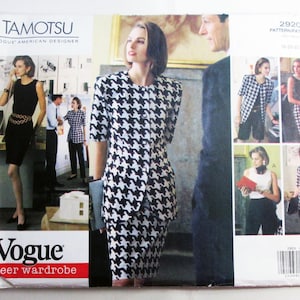 May include: Vogue career wardrobe sewing pattern featuring a houndstooth print dress and jacket. The pattern includes multiple design options and is labeled as a Vogue American Designer pattern by Tamotsu. The pattern sizes are 18-20-22.
