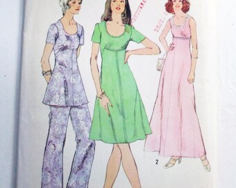 1970s Empire Waist Maxi Dress tunic top pants vintage sewing pattern Simplicity 5293 Size 16 Bust 38" UNCUT FF