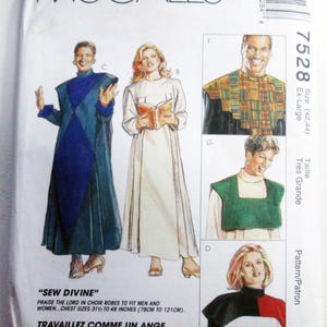 May include: A McCall's 7528 sewing pattern envelope for choir robes titled Sew Divine. The front displays illustrations of various robe styles in blue, white, green, and multi-colored patterns, with chest sizes listed from 31.5 to 48 inches.