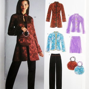 May include: New Look sewing pattern 6519 for sizes 10-22. The envelope features illustrations of jackets, a skirt, pants, and circular handbags. The designs include a long red patterned jacket, a purple jacket, a blue floral jacket, a skirt, and pants.