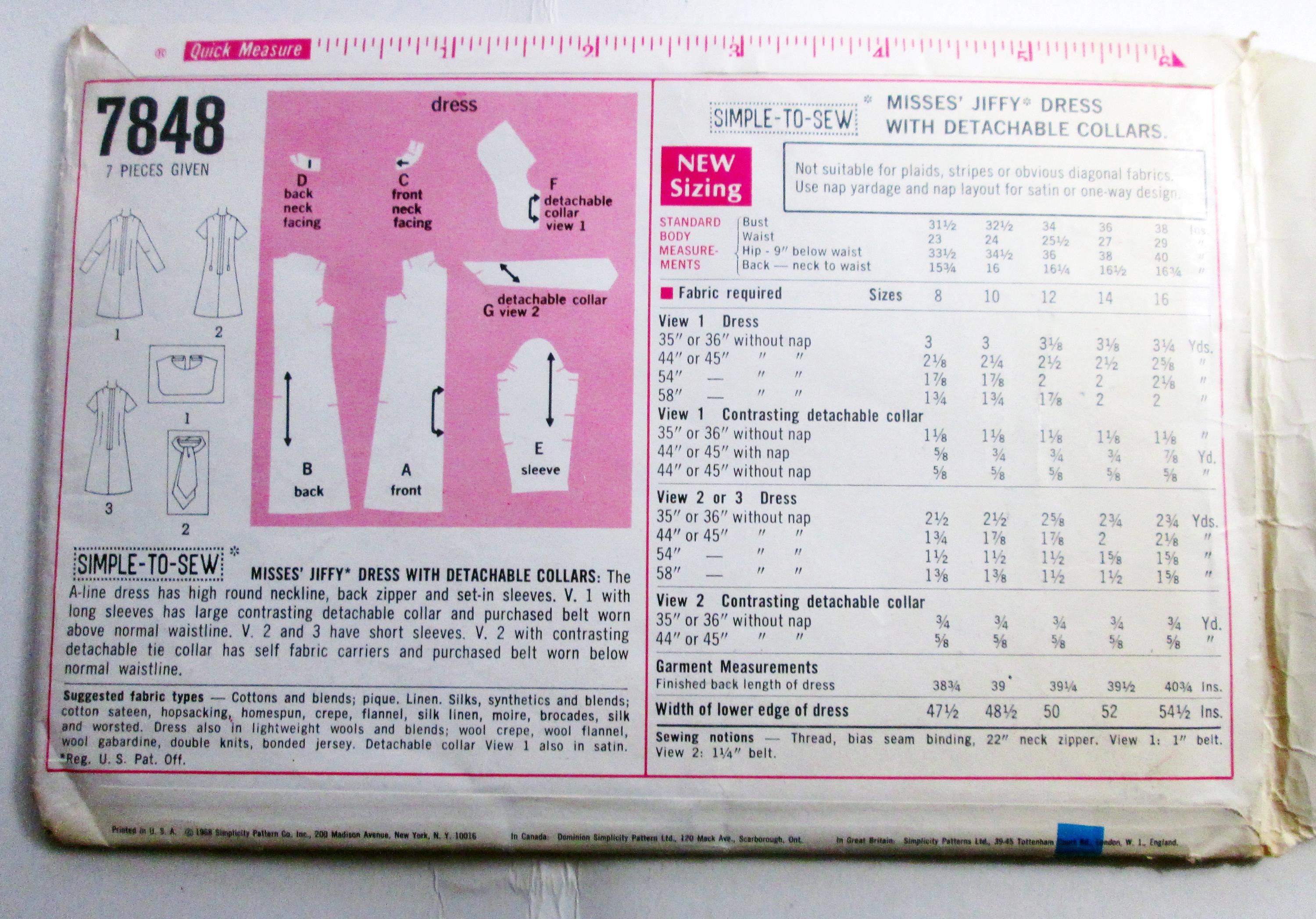 Wide Collar Pattern 1960s A Line Dress Detachable Collars Jiffy Vintage Sewing Pattern ...