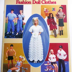 May include: A Leisure Arts leaflet 341 titled His & Her Knit Fashion Doll Clothes from 1984. The cover features photographs of dolls wearing various knitted outfits, including a white wedding gown, athletic wear, and casual sweaters.