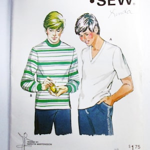 May include: Vintage Kwik Sew sewing pattern 820 featuring illustrations of two people wearing a striped shirt and a V-neck shirt. The pattern includes chest sizes 30-34 inches. The pattern is designed by Kerstin Martensson.