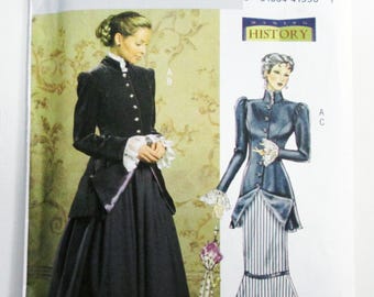 May include: A Butterick sewing pattern, B4954, featuring a historical costume design. The pattern includes illustrations of a black jacket and skirt ensemble, and a blue jacket with a striped skirt. The pattern size is FF (16-18-20-22).