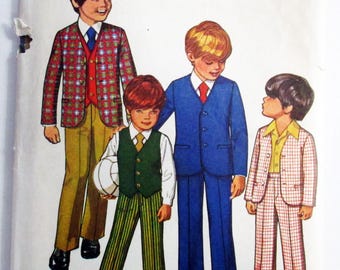 1970s Boys Suit Jacket Pants Reversible Vest Ring Bearer vintage sewing pattern Simplicity 9651 Size 6 Chest 25"