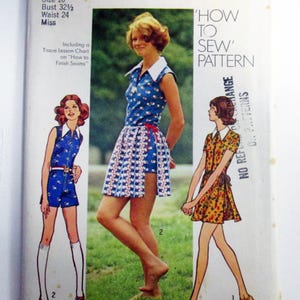 May include: Vintage Simplicity sewing pattern, size 10, featuring illustrations of three different outfits. The pattern includes a tissue lesson chart on how to finish seams. The outfits include a romper, a skirt and top set, and a dress.