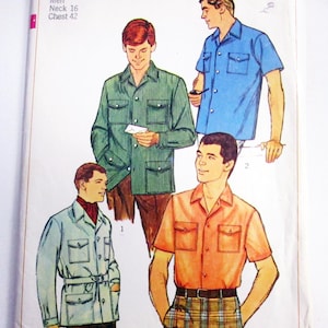 May include: Vintage Simplicity sewing pattern featuring illustrations of men's shirts and jackets. The pattern includes a green, blue, and orange shirt, and a light blue jacket. The text on the pattern reads "7182 Simplicity" and "Men Neck 16 Chest 42".