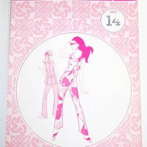 May include: Vintage sewing pattern envelope with a pink and white floral design. The cover features illustrations of two women in pink and white patterned outfits. The text "patterns pacifica" is at the top, with "Size 14" in a circle.