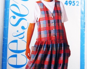 1990s Drop Waist Jumper Dress sleeveless vintage sewing pattern See & Sew 4952 Size 12 14 16