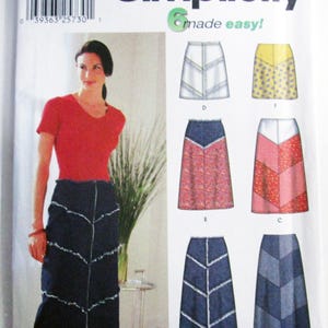 May include: Simplicity sewing pattern 7179 for a skirt in sizes PP 12, 14, 16, 18. The envelope features a photograph of a person wearing a long, dark blue denim skirt with frayed chevron seams and illustrations of six different skirt variations.
