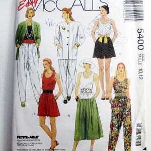 May include: An Easy McCall's 5400 sewing pattern envelope for size 10, 12. The front displays illustrations of six outfits including a green cardigan with white trousers, a white jacket, a polka dot top with shorts, a red dress, a white top with a green skirt, and a floral jumpsuit.