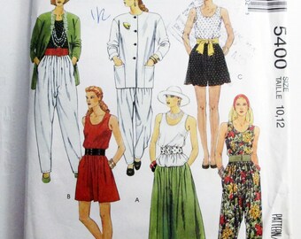 1990s Culottes Drop Crotch Pants Tank Top Jacket Split Skirt sewing pattern McCalls 5400 Size 10 12 UNCUT FF