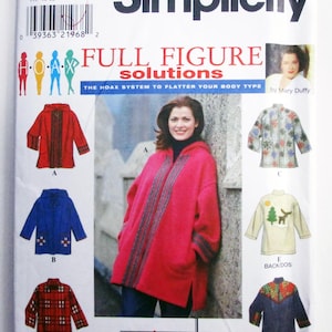 May include: Simplicity sewing pattern for full figure solutions. The pattern features various jacket and coat designs, including a red hooded coat with striped accents, a blue jacket with floral details, and a plaid jacket.