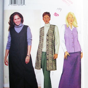 May include: Butterick sewing pattern 3208 for sizes 16W-18W-20W. The envelope features illustrations of three sleeveless vest variations: a long black vest over a turtleneck, a patterned long vest over a turtleneck and pants, and a short lavender vest over a skirt.