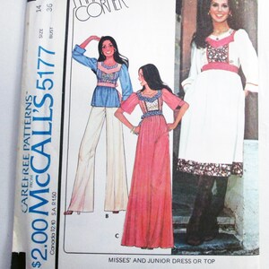 May include: A McCall's 5177 sewing pattern envelope for a dress or top. The cover features illustrations of three variations: a blue top with white pants, a pink floor-length dress, and a white dress with floral accents. Text includes Mario's Corner.