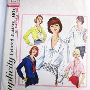 May include: A Simplicity 5645 sewing pattern envelope for a miss size 12, bust 32. The front features illustrations of five different blouse styles, including a white shirt with a tie, a yellow collared shirt, a blue sailor-style top, a white ruffled blouse, and a pink shirt with a neck tie.