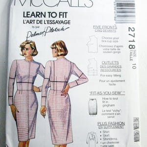 May include: A McCall's Learn to Fit sewing pattern envelope, size 10, featuring illustrations of a dress in a pink and white gingham check pattern. The front displays text including Learn to Fit, Palmer Pletsch, and Fit-As-You-Sew, along with diagrams for bra cup sizing and garment fitting instructions.