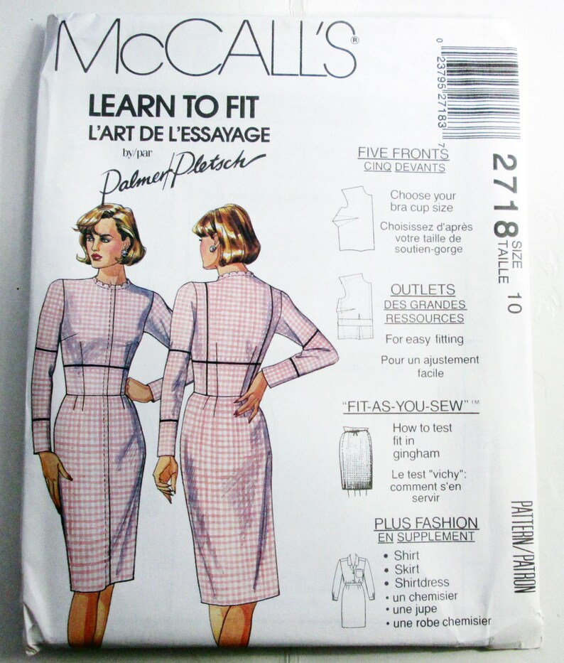May include: A McCall's Learn to Fit sewing pattern envelope, size 10, featuring illustrations of a dress in a pink and white gingham check pattern. The front displays text including Learn to Fit, Palmer Pletsch, and Fit-As-You-Sew, along with diagrams for bra cup sizing and garment fitting instructions.