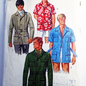 1970s Men's Safari Shirt Hawaiian Belted Beach patch pockets vintage sewing pattern Simplicity 8823 Chest Size 38"