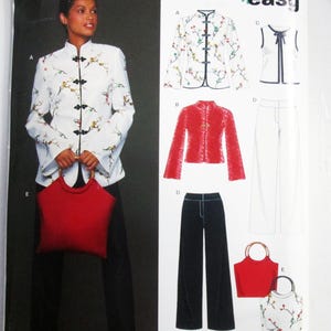 May include: New Look sewing pattern 6435 for sizes 10-22. The envelope displays illustrations of a mandarin collar jacket with floral print, a sleeveless top with a tie neck, a solid red jacket, wide-leg trousers, and a handbag with round handles.