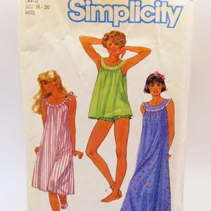 May include: A Simplicity sewing pattern envelope for size large 18-20. The front features illustrations of three different nightgowns: a pink and white striped knee-length gown, a lime green short set, and a long blue floral print gown.