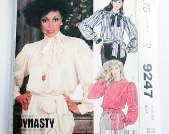 1980s Bow Blouse Yoke Diahann Carrol Tie gathers Dynasty vintage sewing pattern McCalls 9247 Size 12 Bust 34 UNCUT FF