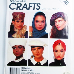 May include: McCall's Crafts pattern 828 for headgear. The envelope features illustrations of six different head coverings including a gold patterned pillbox hat, a blue hood, a purple beret, a white beret, and a red turban.