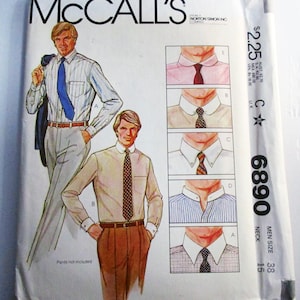 May include: McCall's sewing pattern for men's shirts. The package features illustrations of men in shirts with different collar styles and ties. The text on the package includes "McCall's", "Men Size 38", and "Pattern/Patron".