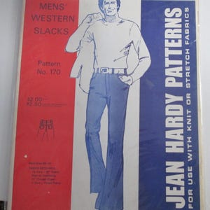 May include: Vintage sewing pattern for men's western slacks. The pattern, labeled "Pattern No. 170," features a blue illustration of a man in jeans and a white turtleneck. The cover has red and blue text, including "Jean Hardy Patterns."