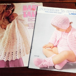 1970s 2 Vintage baby Crochet Patterns Layette booties newborn hat sweater clothes blanket sleep sack shower gift yarn knit 6 12 months