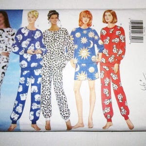 May include: A vintage Butterick sewing pattern featuring pajama sets. The sets include various patterns: panda, bear, leopard print, sun and moon, and dalmatian. The pattern is labeled "Classics Fast & Easy" and includes sizes L-XL.