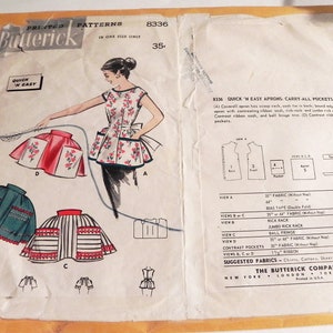 May include: Vintage Butterick pattern 8336 for quick and easy aprons. The illustration shows aprons with floral and striped designs, with pockets and ribbon details. The pattern includes instructions and fabric requirements.