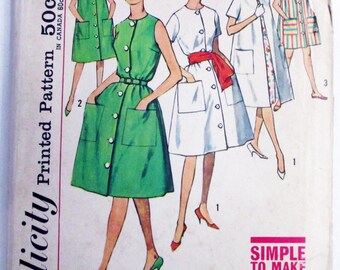 1960s Shirtwaist House Dress unlined Coat Housecoat sewing pattern Simplicity 4488 Size 18 Bust 38