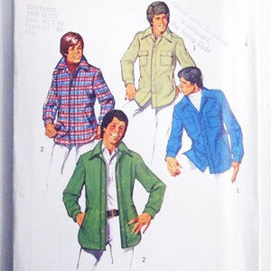 May include: A Simplicity 6643 sewing pattern envelope featuring illustrations of four shirts in various styles and colors, including a red and blue plaid jacket, a light green jacket, a solid light green shirt, and a solid blue shirt with white pants.