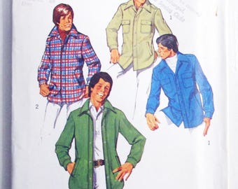1970s Mens Shirt Jacket Pockets Wide Collar vintage sewing pattern Simplicity 6643 Chest 42 44" UNCUT FF