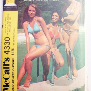 May include: A vintage McCall's 4330 sewing pattern envelope for a String-A-Long bikini. The front features three individuals wearing different colored bikinis by a swimming pool. Text includes "String-A-Long Bikini", "All Sizes 6-16", and "McCall's".